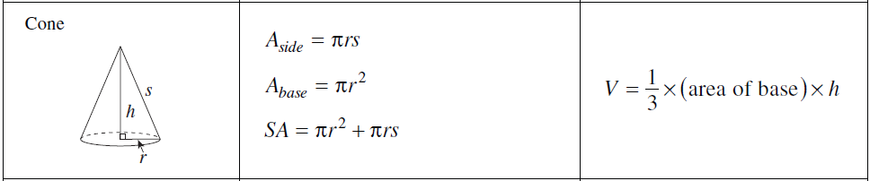 equations of area,surface area,and volume of cones