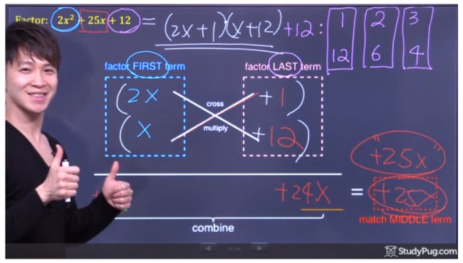 Factored 2x^2+25x+12 successfully