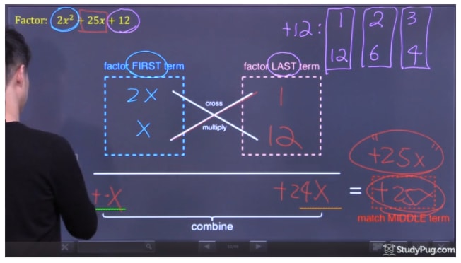 Find out that 12 and 1 match the middle term of 25x