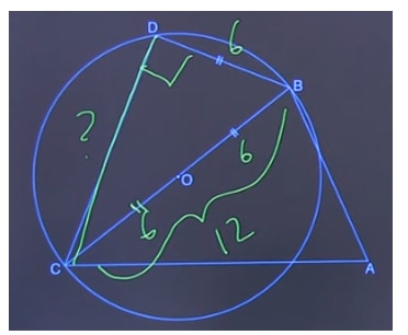 Angle CDB = 90° because of inscribed angle of the diameter