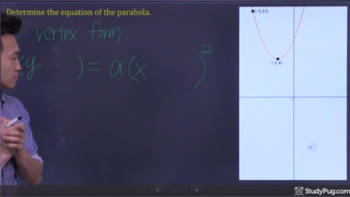 Using the vertex form to solve the equation of the parabola